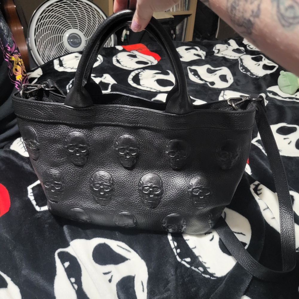 IO Pelle Black Skull Embossed Crossbody Bag